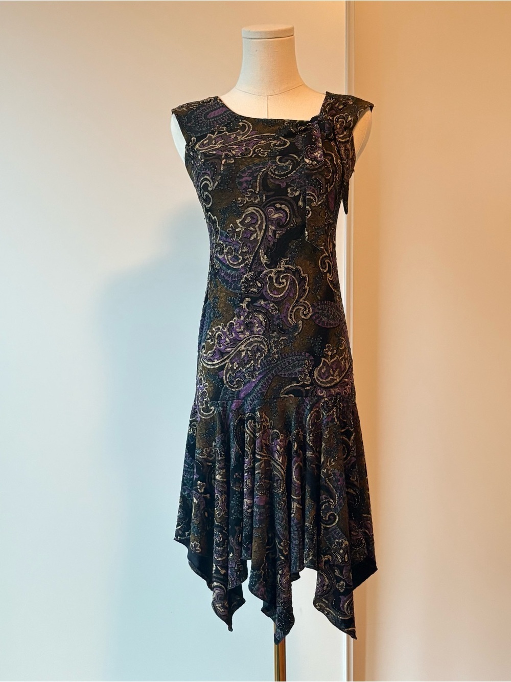 John Ashford Black, Brown and Purple Paisley Asymmetrical Handkerchief Hem Dress